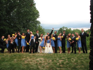 Newlyweds and wedding party having fun at the Riverhouse at Goodspeed Station in CT